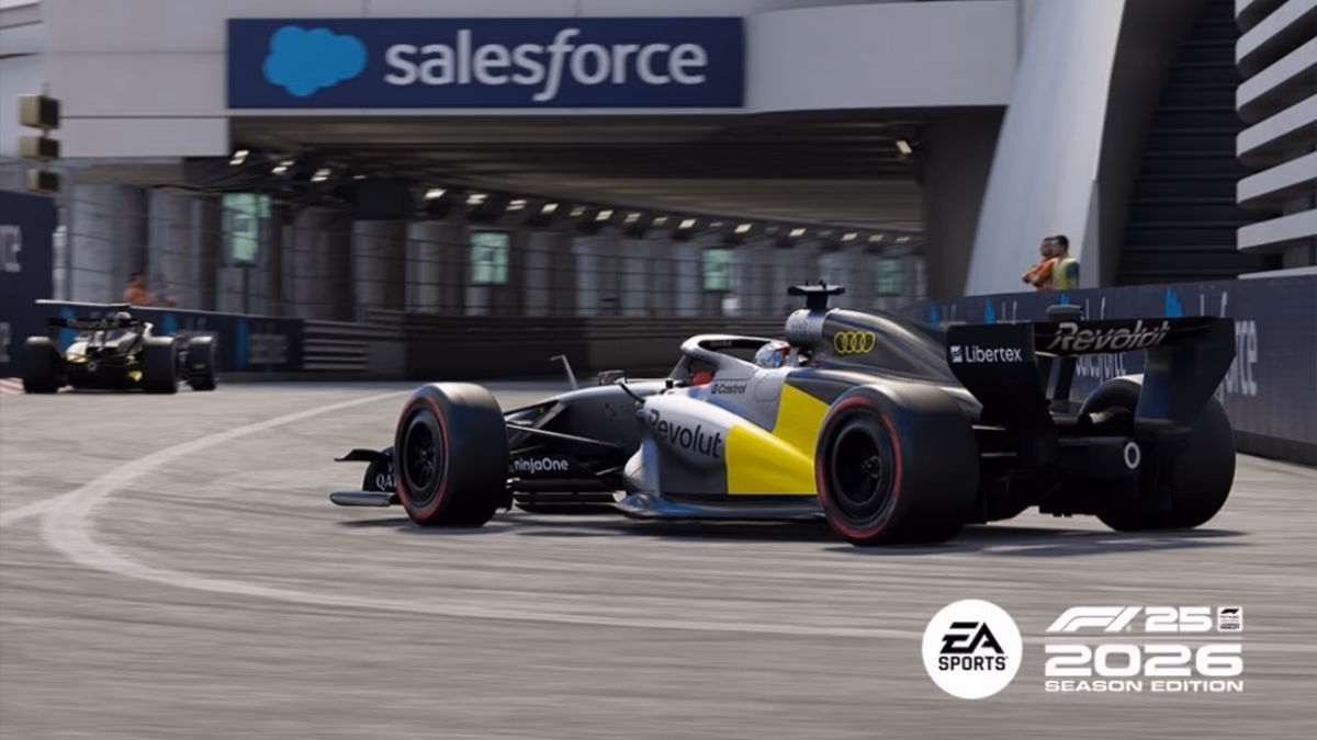 Carro da Audi com pintura cinza e amarela passando pela saída do túnel de Mônaco, em imagem do jogo F1 25
